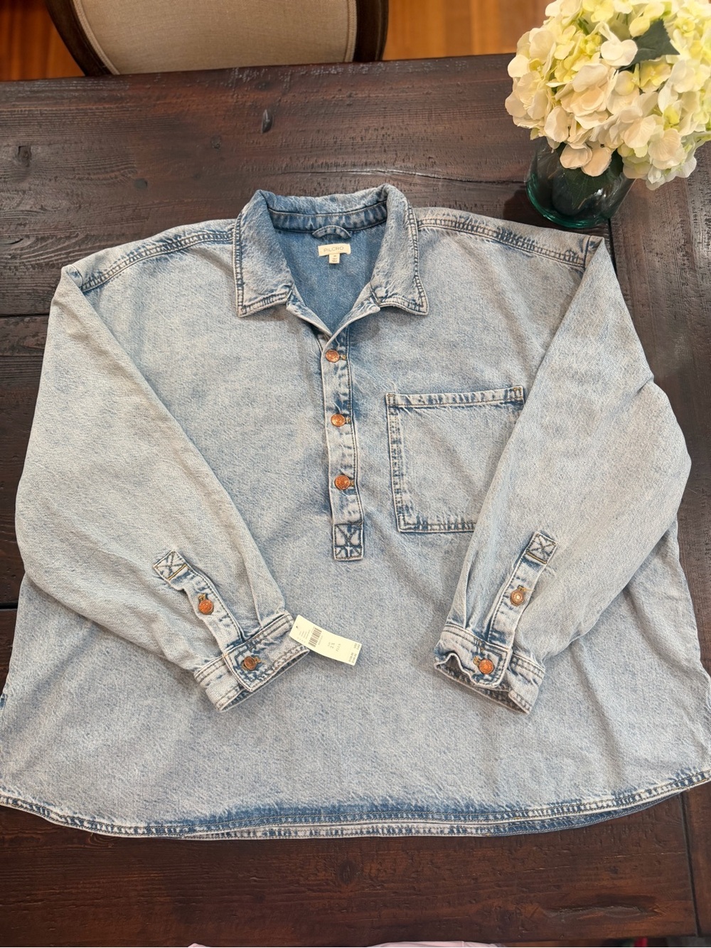 Anthropologie Pilcro Oversized Light Wash Denim Henley Pullover Top 2X NWT⁠